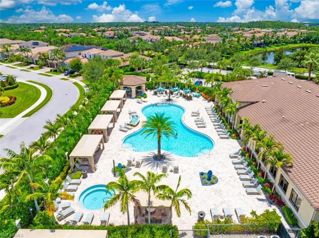 Aerial perspective of suburban area featuring a pool area