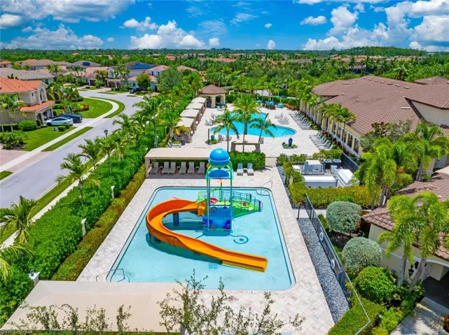 Aerial view of residential area with a pool