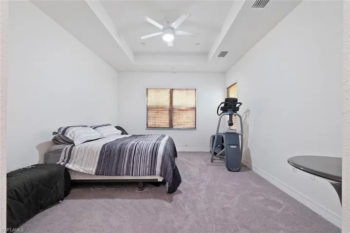 Bedroom featuring a tray ceiling, light colored carpet, and ceiling fan