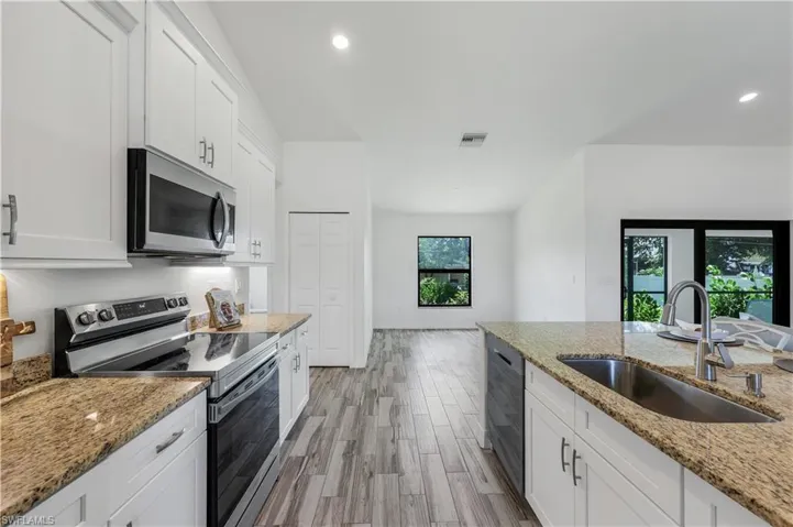 View of kitchen from dining area.