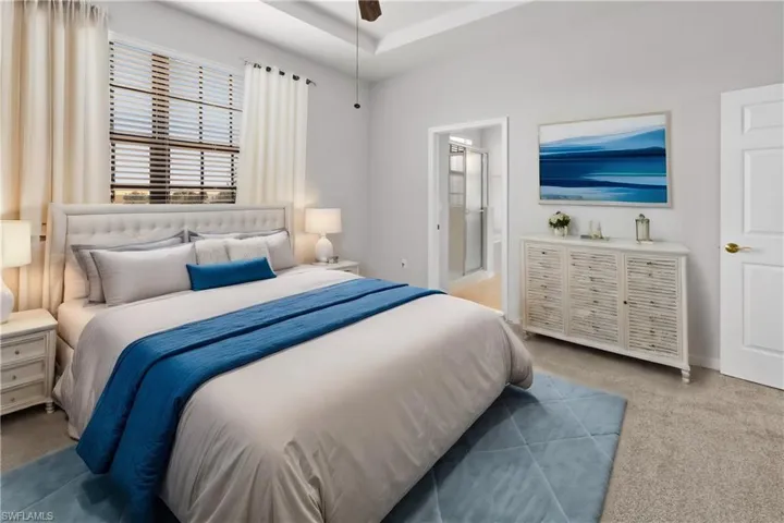 Virtually staged master bedroom.
