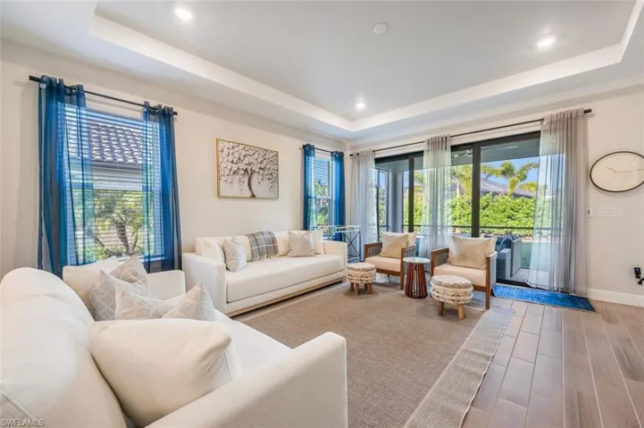 Living room featuring a raised ceiling