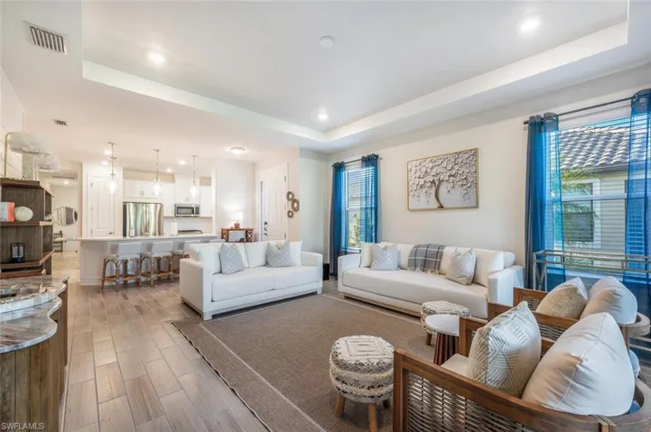 Living room featuring a healthy amount of sunlight and a tray ceiling
