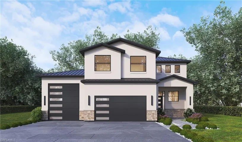 This is a rendering - Contemporary house featuring stone siding, a standing seam roof, a metal roof, and concrete driveway