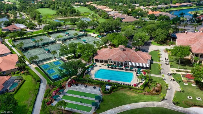 Aerial view of property's location with a nearby body of water and a pool