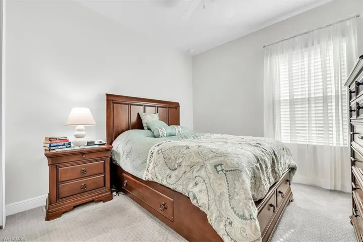 Carpeted room featuring light gray walls, a window with white blinds and sheer curtains, and a ceiling fan