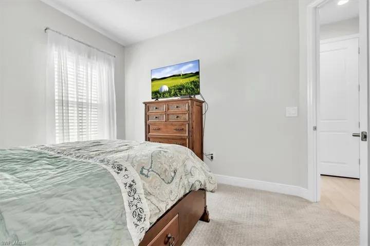 Bedroom featuring soft gray wall paint, a large window with blinds and sheer curtains, carpeted flooring, white baseboards, and a white interior door