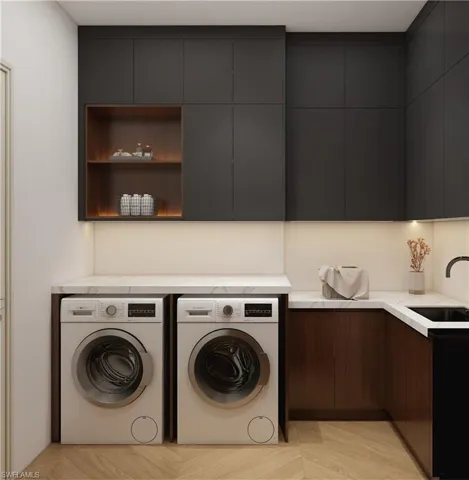 Laundry area with cabinet space and independent washer and dryer (Rendered photo)