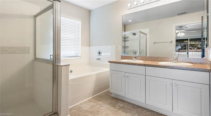 Primary Bathroom featuring dual vanity, , separate shower and tub