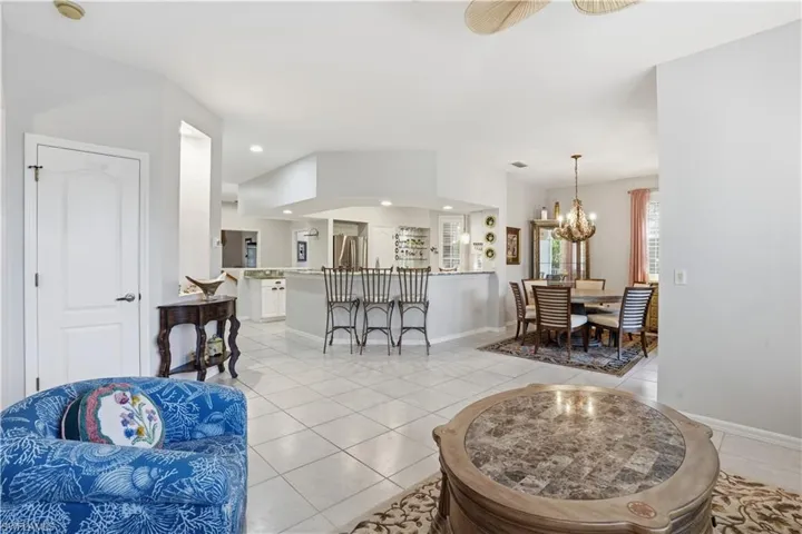 Kitchen, living and dining open to one another.