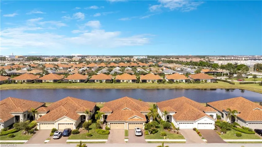 Birds eye view of property with a water view and a residential view