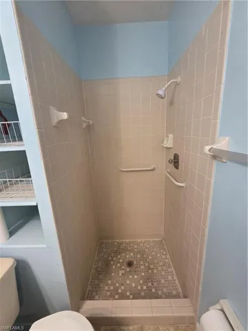 Full bath featuring toilet and a shower stall