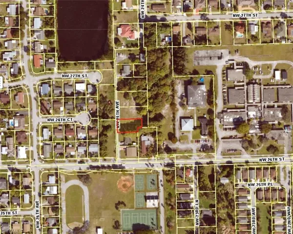 Aerial Map. Depicting the property highlighted in red with surrounding streets and structures