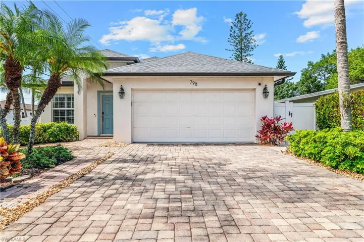 White stucco exterior with a gray shingle roof and an integrated two-car garage