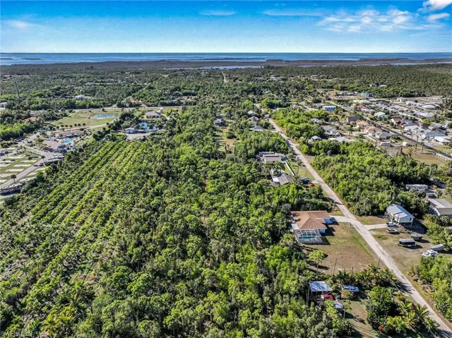 Bird's eye view of towards the home showing the large undeveloped part of the land that includes walking trails and native plants.