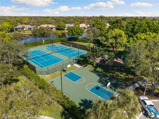 Aerial perspective of pickle ball tennis and basketball