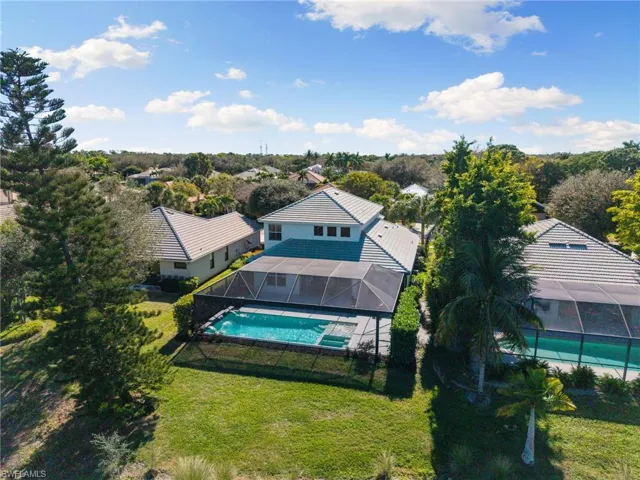 View from above of property with a pool area