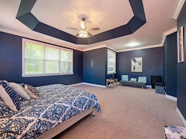 Bedroom featuring a raised ceiling, crown molding, carpet floors, and ceiling fan