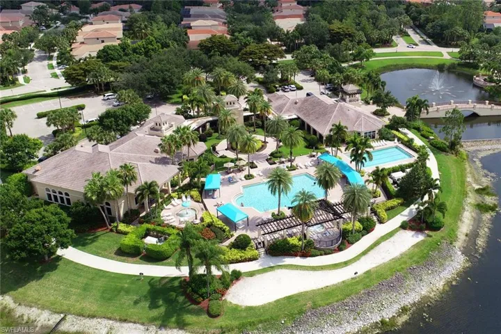 Aerial overview of property's location with a nearby body of water and a pool area