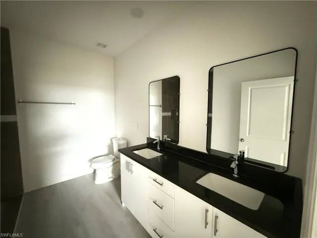 Bathroom with double vanity and dark wood-style floors