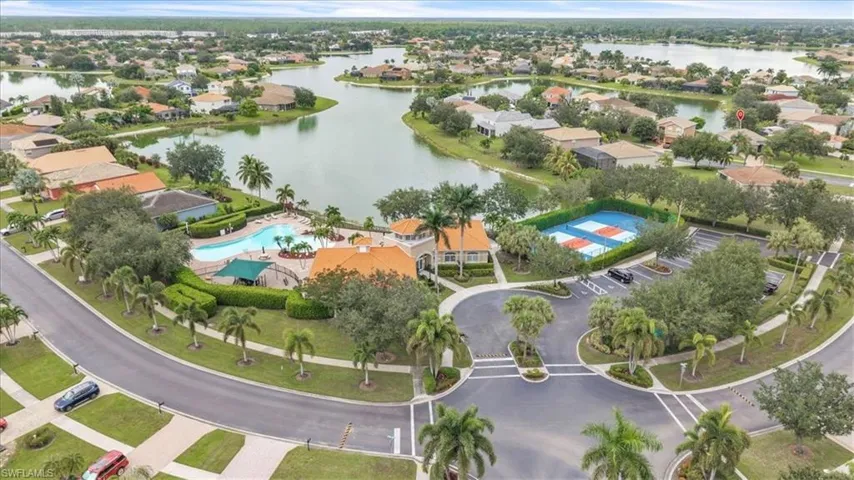 Aerial view of residential area with a large body of water