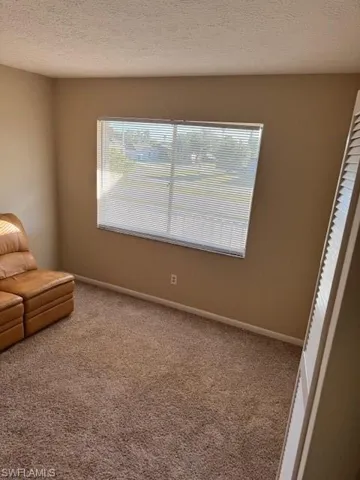 Sitting room with a textured ceiling and carpet floors