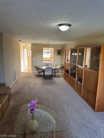 Carpeted living room with a textured ceiling and a chandelier