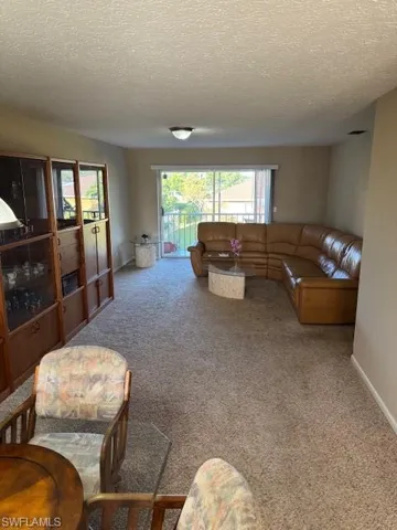 Carpeted living room with a textured ceiling