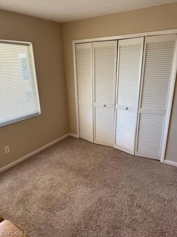 Unfurnished bedroom featuring carpet floors, a textured ceiling, and a closet