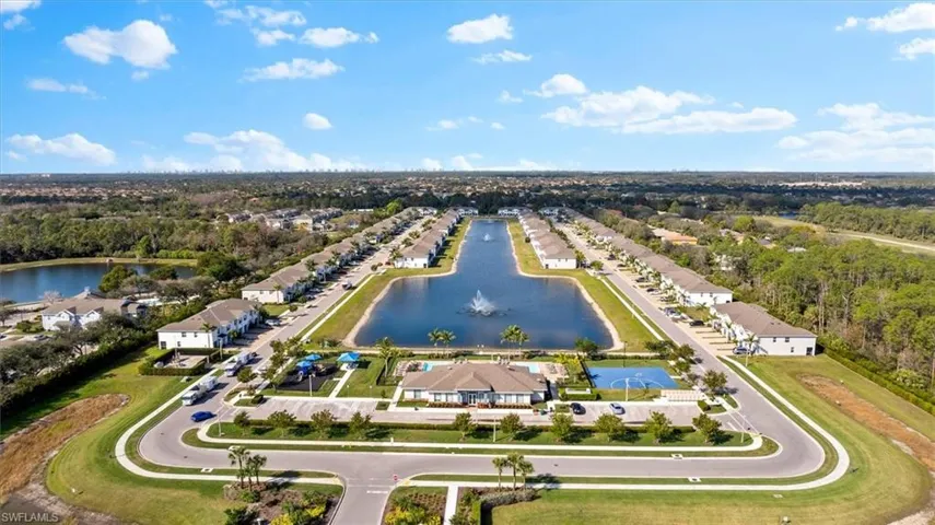Birds eye view of property with a water view