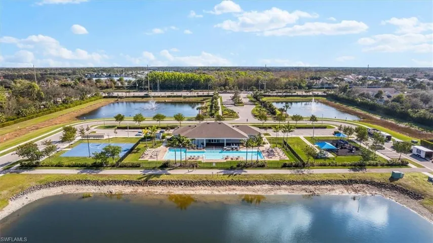 Birds eye view of property with a water view