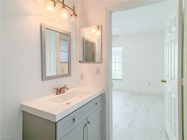 Bathroom featuring vanity and wood-type flooring