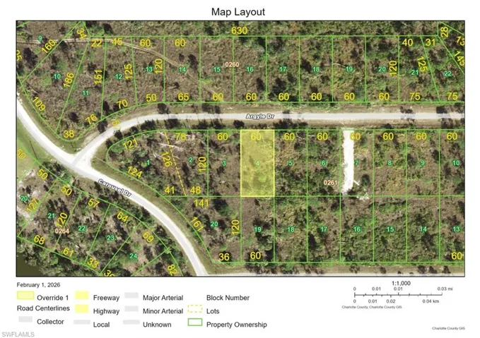 Aerial map of property and surrounding area featuring property parcel outlined