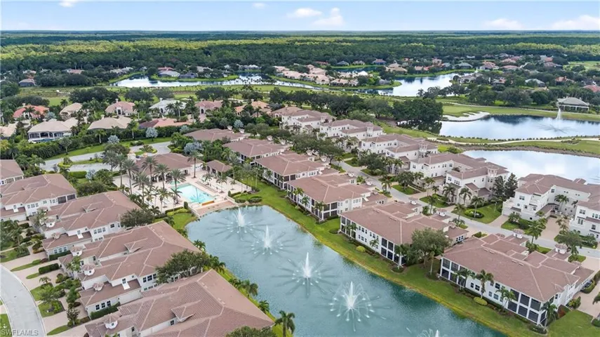 Aerial view of residential area featuring a nearby body of water