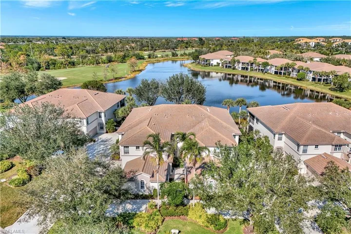 Birds eye view of property with a water view