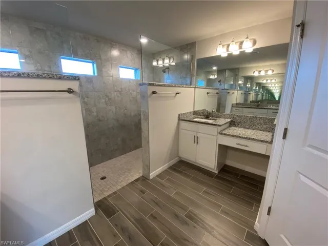 Bathroom featuring vanity, wood tiled floors, and a walk in shower