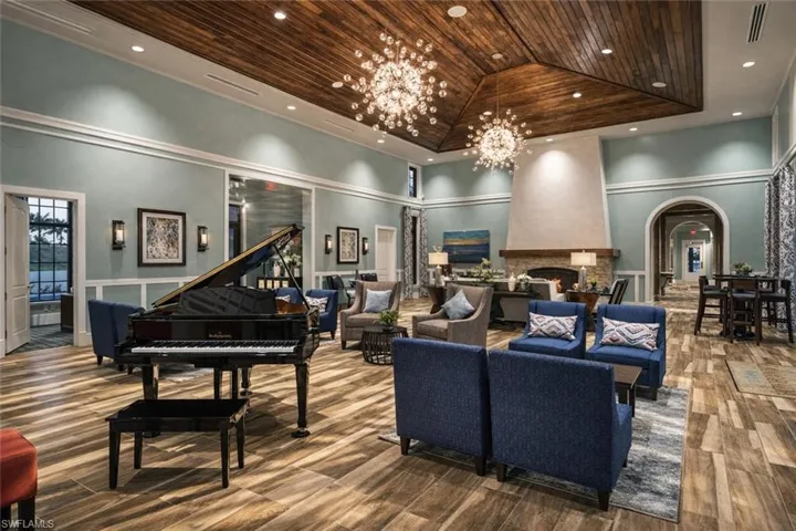 Lobby with a high wooden ceiling and recessed lighting