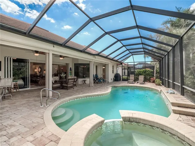 Long covered area by the pool