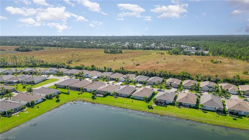 Birds eye view of property with a water view
