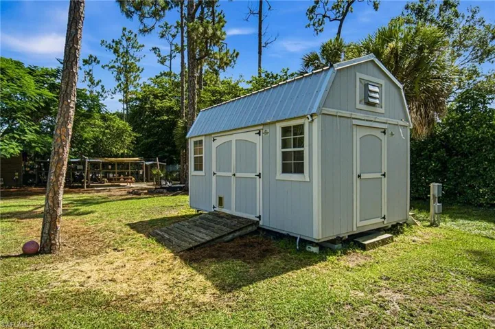 Permitted lofted shed is 16‘ x 10‘ and afford the opportunity to neatly and safely secure tools and small equipment in a dedicated space while adding character and charm with its modern farmhouse, build out aesthetics