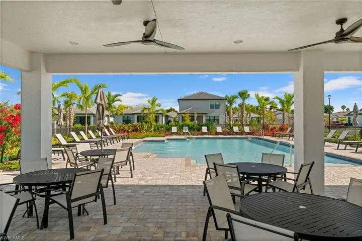 Community pool with a patio area, outdoor dining space, and a residential view