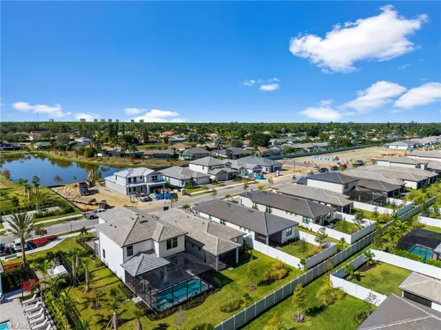 Aerial perspective of suburban area featuring a nearby body of water