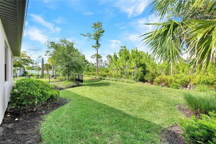 Expansive green lawn framed by tropical foliage and distant trees