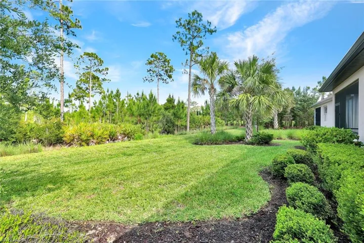 Expansive green lawn with mature landscaping, featuring palm trees and a backdrop of tall pines