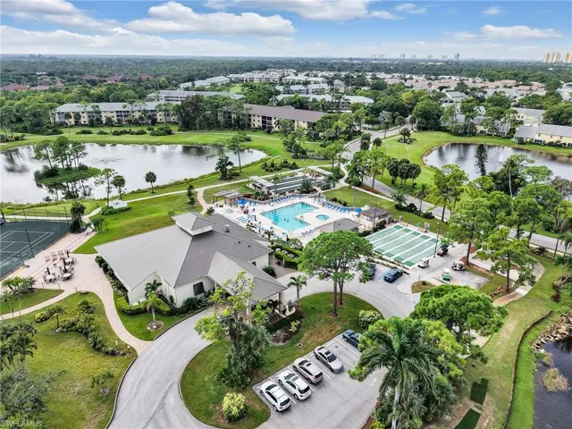 Aerial View of Clubhouse, Pool and Spa, Bocce Courts, Shuffleboard Courts, and Tennis Courts