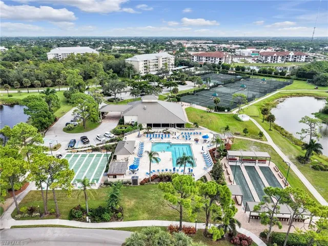 Aerial View of Clubhouse, Pool and Spa, Bocce Courts, Shuffleboard Courts, and Tennis Courts