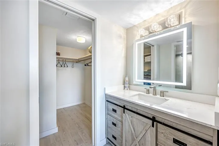 Bathroom with a walk in closet, vanity, and light wood-style flooring