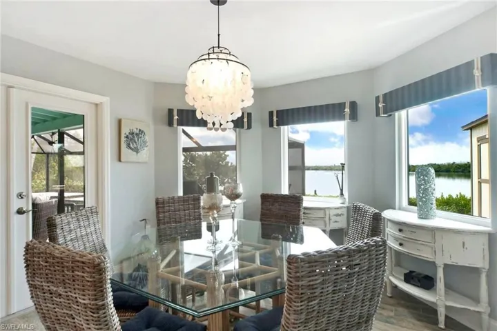 Dining area featuring a water view, a chandelier