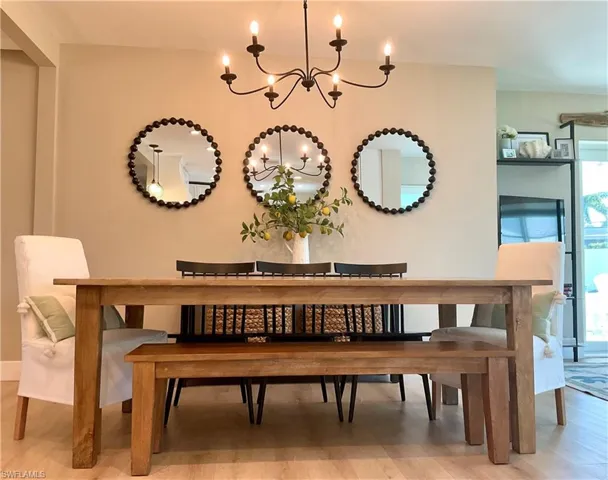 Dining area featuring a chandelier and light wood-type flooring