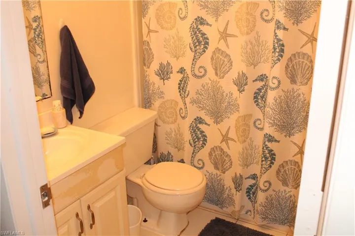 Full bath featuring vanity and a shower with curtain